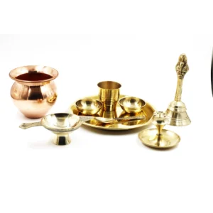 Brass Bhog Thali, Bell, Oil Lamp (Jyot), Agarwati Stand, Copper Kalash (pack of 9)