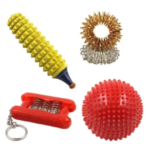 hand roller stick, sujok rings, acupressure ball and hand exerciser