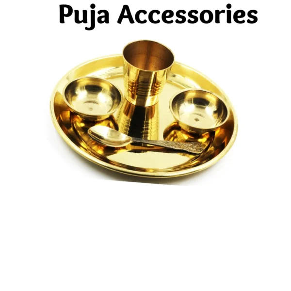 brass bhog thali with one glass, 2 katori and 1 spoon pooja accessories